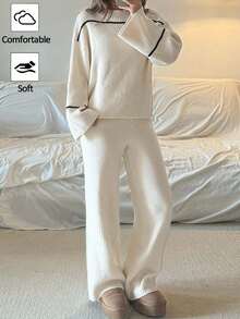 SHEIN 少女立领毛衣套装，撞色喇叭袖毛衣和松紧腰紧身裤，长袖条纹休闲套头毛衣，优雅柔软，长袖上衣学院风服装学院风服装学院风毛衣粗针织毛衣 V 领毛衣/万圣节/圣诞节女士秋冬服装 - 彩色 - 查看 5