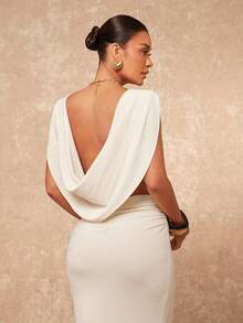 Lumalex 早春船领露背宽松垂褶褶皱修身连衣裙，适合女士度假生日装扮、婚礼宾客装、夏季假日海滩装扮，尽显奢华格调，适合舞会、聚会、宴会、低调奢华、老钱风格、锐舞派对、音乐节等场合，层次丰富，适合宰牲节派对等场合。 - 白色 - 查看 6