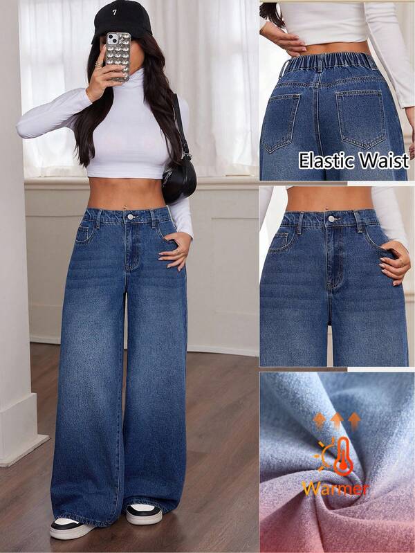 SHEIN PETITE Women's Fall Autumn Winter Halloween Christmas New Year Y2k Cute Streetwear Goth Grunge 2000s High Waist Pocketed Wide Leg Loose Casual Versatile Jeans Women's High Rise Wide Leg Denim Jeans Loose Fit Casual Solid Blue Jeans Long Pants Stylish Women's Wide Leg Denim Jeans High Waist Loose Fit Blue Jeans For Everyday Wear Comfort And Fashion Fleece-Lined Jeans