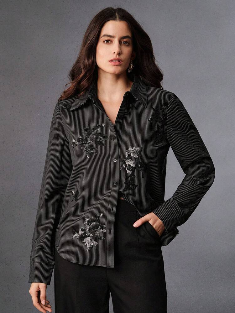 Spring & Autumn New Urban Chic 3D Beaded Striped Lapel Long Sleeve Women Shirt