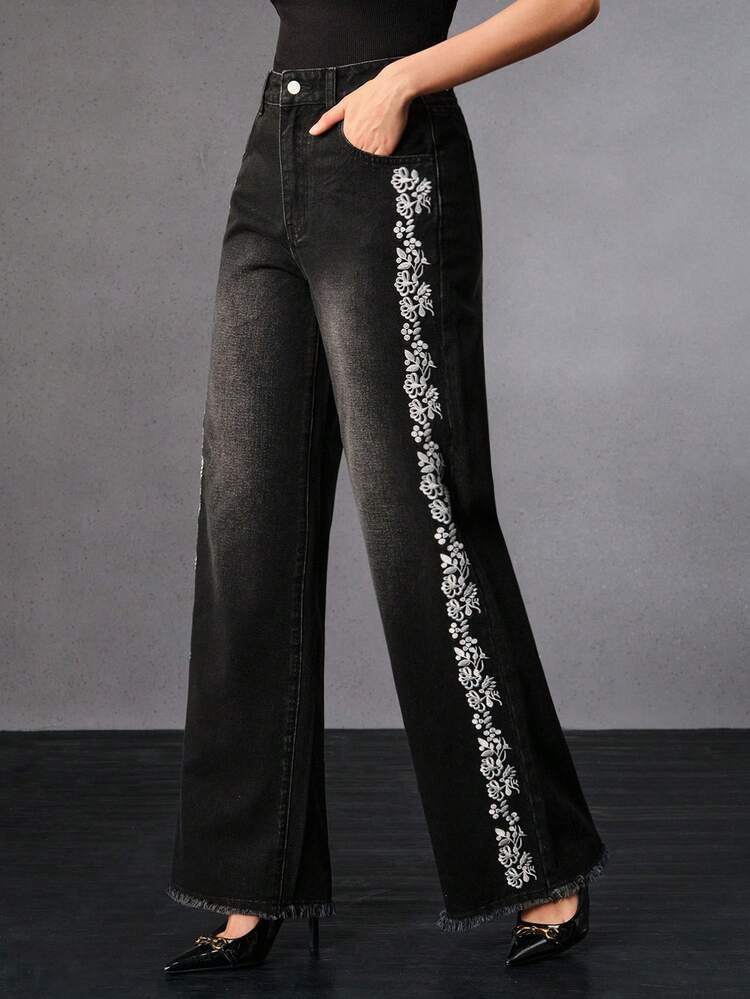 Women's Elegant Embroidered Hollow-Out Black Straight Pants, Suitable For Dates, Autumn/Winter