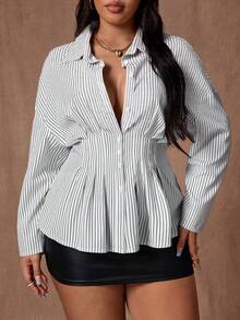 Rustia Plus Size Women's Autumn/Winter Striped Ruffle Long Sleeve Cinched Waist Button-Front A-Line Shirt Dress