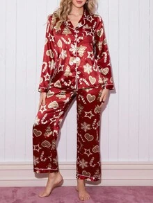 Christmas Tree Cookie Print Long Sleeve Lapel Top & Pants Women Pajama Set Fall Winter Clothes - Multicolor - View 3
