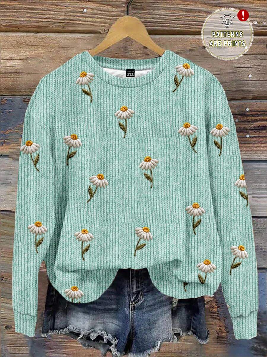 EMERY ROSE Casual Minimalist Floral All-Over Print Loose Fit Green Plus Size Off-Shoulder Sweatshirt, Autumn/Winter - Multicolor - View 1