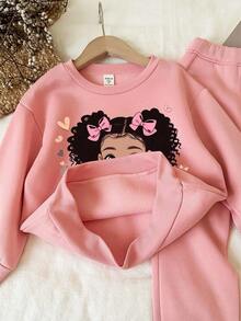 SHEIN 2 chiếc/Bộ Áo nỉ chui đầu họa tiết trái tim dễ thương cho bé gái màu hồng, phù hợp cho mùa thu/đông - Hồng - Xem 4