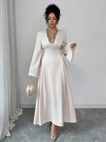 Yasmyna 女式纯色梭织拼布蕾丝边系腰长袖A字阿拉伯风连衣裙 - 杏色 - 查看 5