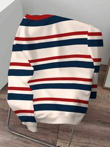 Manfinity Joysei 男士多色条纹圆领套头卫衣，针织面料，长袖，休闲学院风，拼接设计，常规版型，秋季款 - 彩色 - 查看 2