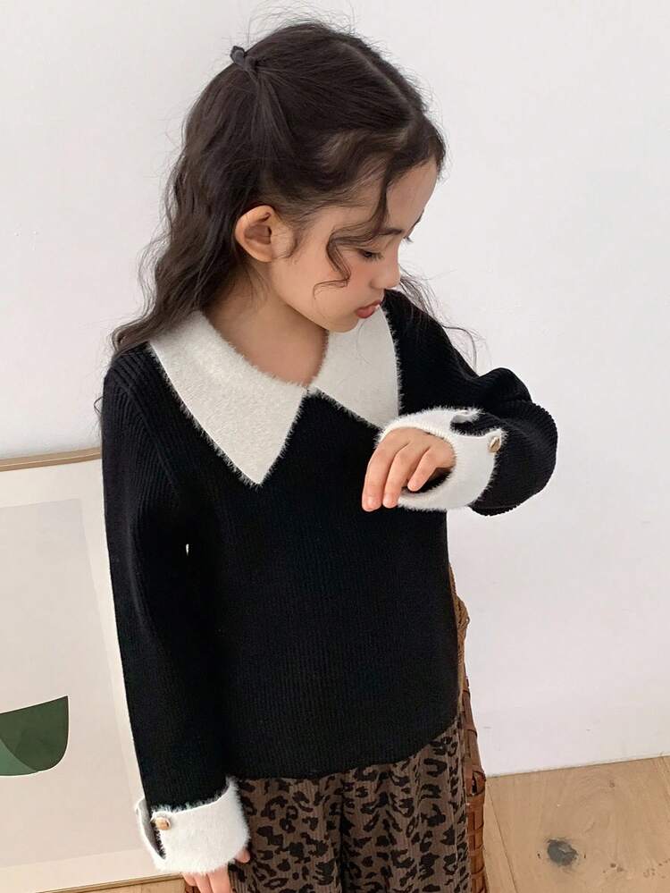 Young Girl' Turndown Collar Contrast Color Korean Style Long Sleeve Sweater, Autumn/Winter