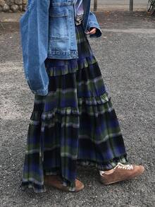 FRIFUL 格子荷叶边休闲宽松百搭日常女裙 - 藍色 - 查看 3