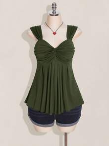 SHEIN ICON 大码女式黑色扭纹前部无袖娃娃装针织上衣，Y2K 风格，适合毕业/返校季，夏季可爱上衣 - 軍綠色 - 查看 3