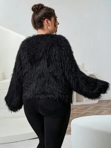 SHEIN CURVE+ Plus Size Women's Black Off-Shoulder Front Placket Fluffy Irregularly Cut Sweater Cardigan Autumn Winter Clothes For Women