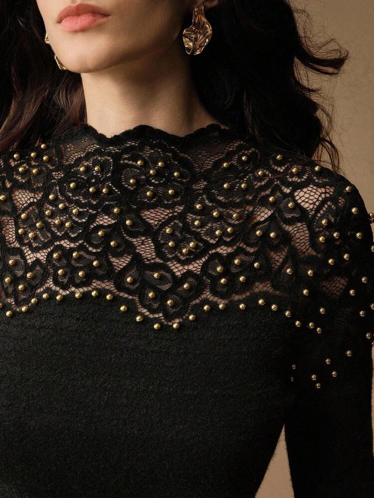 Elegant Fitted Round Neck Lace Long Sleeve Women T-Shirt