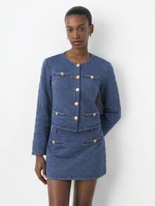 Maija Women's Velvet Denim Suit,Elegant Winter Set With Jacket&Skirt,Gold Metal Buckle,French Workplace Old Money Style,Blue,Autumn,Casual,Elegant,Occasion - Medium Wash - View 4