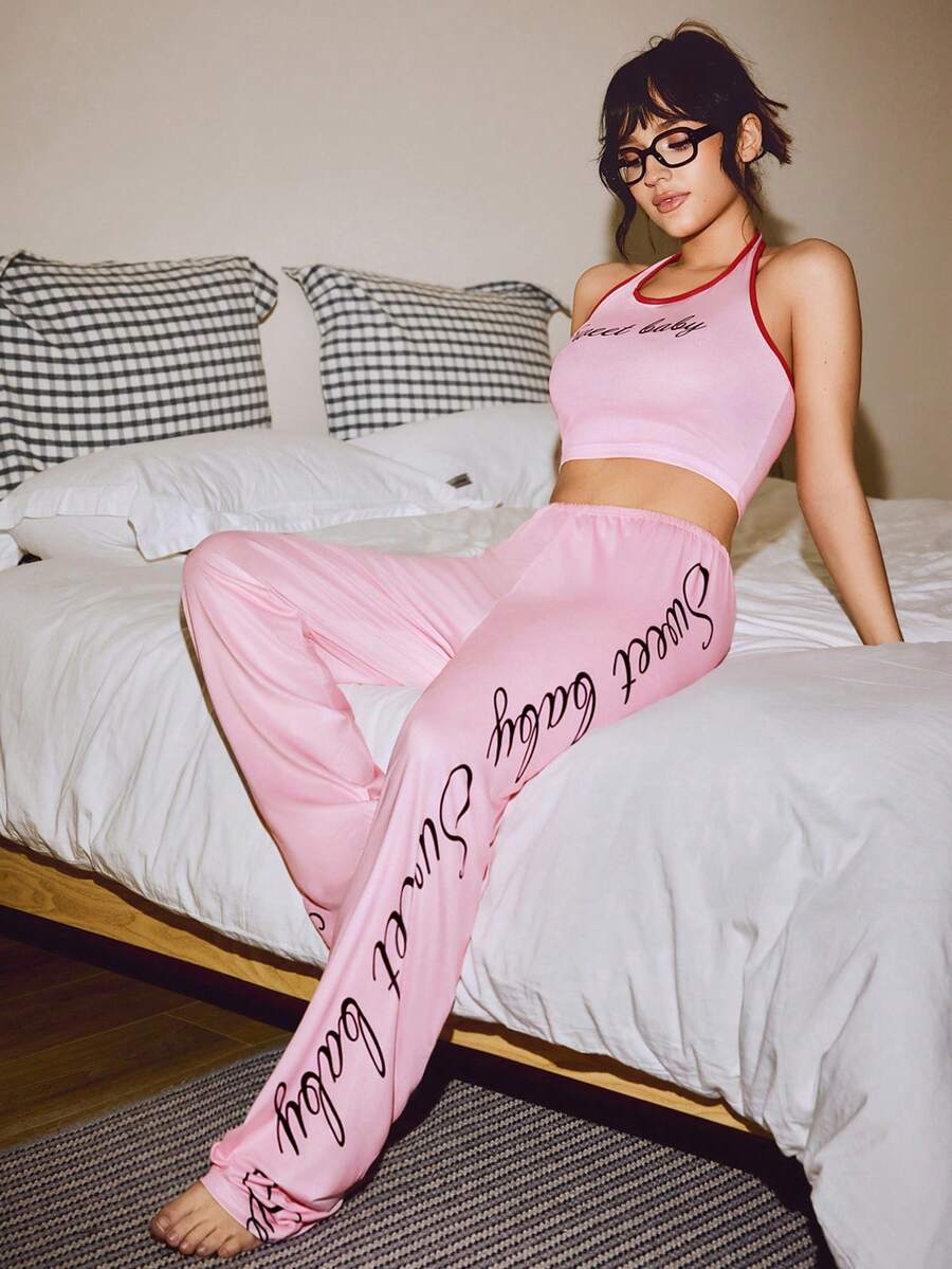 Lowkey Lull 女士休闲淡粉色性感舒适 Y2K 低腰吊带背心和裤子睡衣套装 - 粉色 - 查看 1