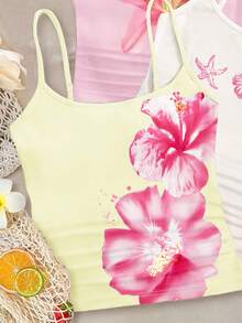 3 PiecesTween Girls Slim Fit Casual Sports Camisole Tank Top Sets Girls Summer Tank Tops Girls Floral Tank Tops Cute Tween Tank Tops Beach Tank Tops For Tweens Flower Tank Top