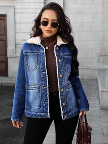 EMERY ROSE Women's Casual Single-Breasted Denim Jacket With Thermal Lined, Autumn/Winter - Medium Wash - View 5