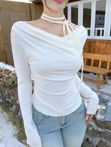 DAZY 女士交叉露肩韩版系带长袖T恤，春秋季可爱度假上衣 - 米色 - 查看 3