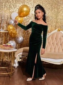 Tween Girls Elegant Off-Shoulder Long Sleeve Snug Fit Mermaid Slit Dress, Suitable For Parties And Ceremonies - Green - View 6