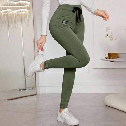 Leggings aderenti con coulisse, tinta unita, controllo addome, leggings vita alta, leggings sportivi da donna