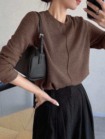 FRIFUL Camiseta feminina cáqui lisa, gola redonda, manga comprida, solta, casual, versátil, outono