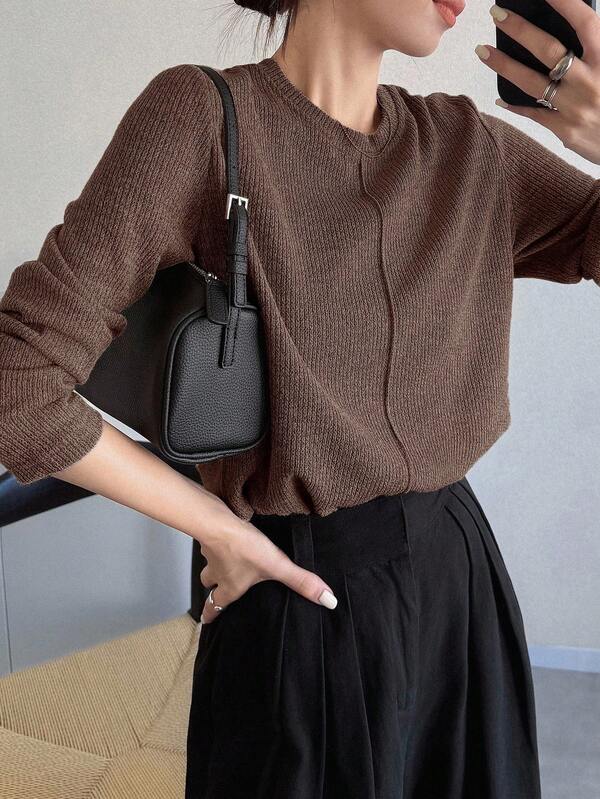 FRIFUL Women's Solid Khaki Round Neck Long Sleeve Loose Casual Versatile T-Shirt, Autumn