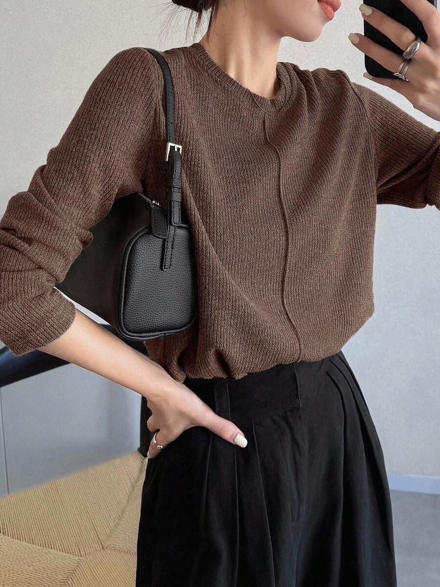 FRIFUL Women's Solid Khaki Round Neck Long Sleeve Loose Casual Versatile T-Shirt, Autumn