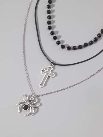 3pcs Gothic Dark Glass Crystal Cross, Heart Pendant Necklace, Personalized Hip Hop Multilayer Necklace For Women, Holiday Gift, Halloween