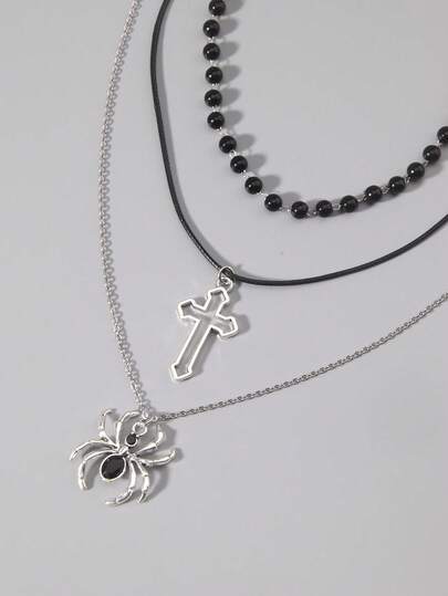 3pcs Gothic Dark Glass Crystal Cross, Heart Pendant Necklace, Personalized Hip Hop Multilayer Necklace For Women, Holiday Gift, Halloween