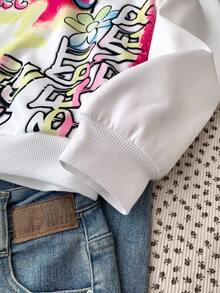 SHEIN Tween Girl Colorful Graffiti Print Loose Fit Pullover Sweatshirt, Thick & Fashionable Versatile White Casual Wear Autumn Winter Clothes Girlomen - White - View 5