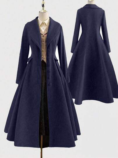 Sweetra Plus Size Elegant, Going Out Tops, Autumn/Winter Retro Versatile Casual Fitted Elegant Brown-Green Long Flared Overcoat Waist Cinched Dress For Women