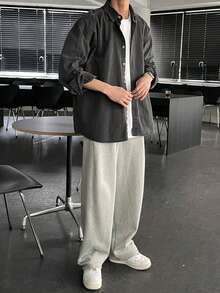 DAZY Men's Solid Color Long Sleeve Casual Single Breasted Shirt, Autumn, For Fall - Dark Grey - View 3