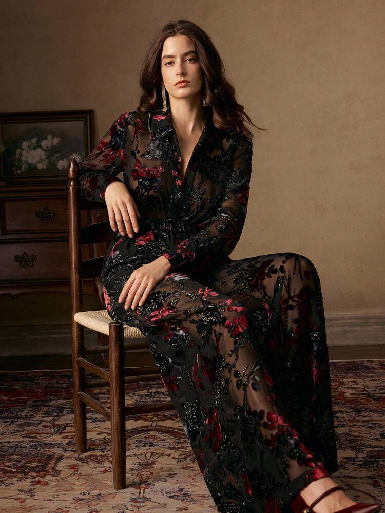 2pcs Women Elegant Floral Embroidery Long Sleeve Shirt And Pants Set