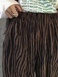 FRIFUL 女式休闲斑马纹松紧腰斜口袋宽松裤，秋季 - 棕色 - 查看 3