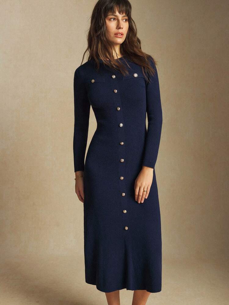BizChic 2025 Vestido de punto de mujer con cuello redondo, hilera única de botones metálicos en el bajo y falda acampanada, para invierno y verano. Moderno y elegante para fiesta, viajes urbanos, trabajo. Adecuado para salidas, citas, fiestas, conciertos, festivales de música, brunch, aeropuerto, vacaciones de verano. - Azul Marino - Ver 2