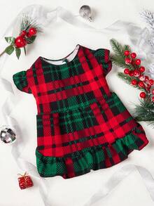 PETSIN 1pc Christmas Pet Red & Green Plaid Puff Sleeve Dress - Multicolor - View 3