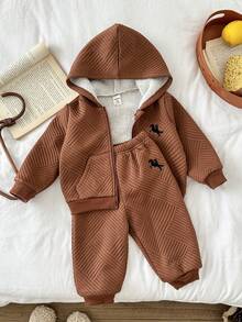 LMoss Kids LMoss 2pcs Baby Boy Knitted Solid Color Embroidered Hoodie Jacket And Pants Set, Long Sleeve, Cozy Fall & Winter Styles, Clothes, Baby Boy Clothes, Winter Set - Brown - View 7