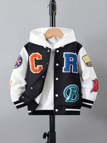 Young Boy Letter Print Single-Breasted Casual Baseball Jacket, Autumn/Winter - Black and White - View 1