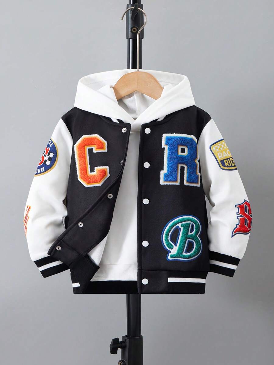 Young Boy Letter Print Single-Breasted Casual Baseball Jacket, Autumn/Winter - Black and White - View 1