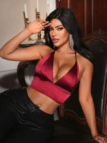 1pc Women's Solid Color Deep V Neck Wireless Bra - Burgundy - View 5
