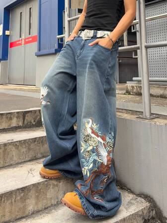 Street Life Jeans de pierna ancha y ajuste holgado con bordado floral para hombre