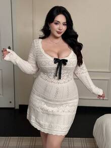 Vibekara 法式优雅蝴蝶结装饰U领收腰修身长袖针织连衣裙，秋冬