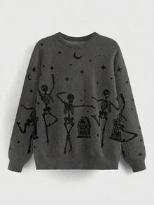 ROMWE Goth Suéter holgado de cuello redondo de manga larga informal para mujer