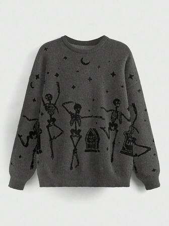 Goth Casual Loose Fit Crew Neck Long Sleeve Pullover Sweater For Women