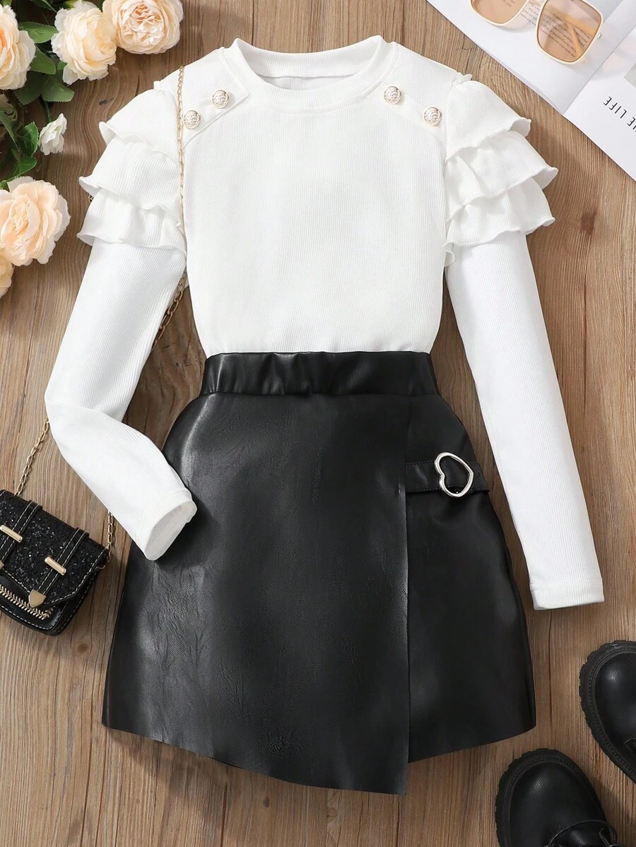 SHEIN 2件套青少年女孩荷叶边领短款上衣和PU皮革心形扣短裙套装 - 白色 - 查看 1