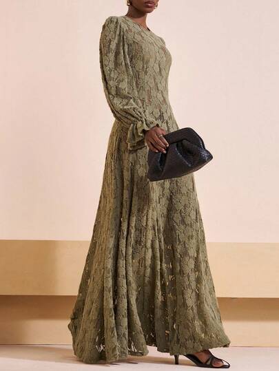 Zivah 2025 秋冬新款优雅浪漫军绿色拉绒蕾丝面料大号 A 字形荷叶边长袖女式超长连衣裙，适合约会、音乐会服装、万圣节服装、圣诞节、夜间外出、婚礼宾客礼服、生日派对、早午餐服装，适合女士、派对、晚餐