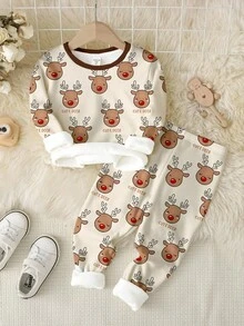 SHEIN Baby Jungen Lässige, modische, warme und bequeme klassische Weihnachts-Pyjama-Set mit Slim Fit Rundhalsausschnitt Langarmshirt und Hose, mit Motiven wie Weihnachtsbaum, Weihnachtsbär und Weihnachtsreh, geeignet für Herbst/Winter