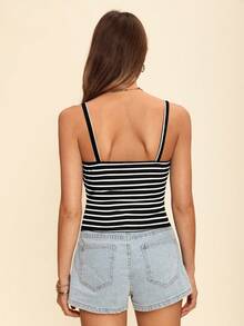 Coeurva Summer Beach Striped Twist Front Cami Corset Top - Black and White - View 5
