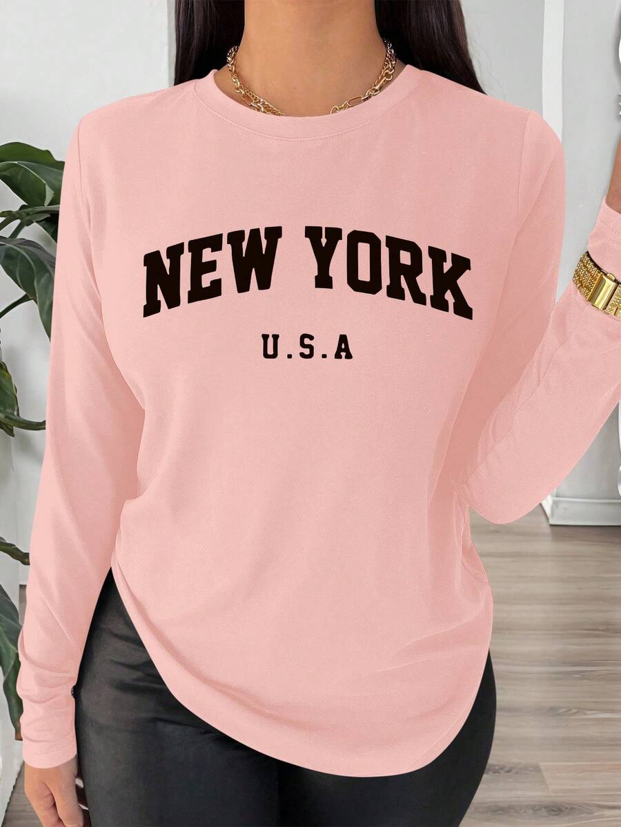 Zolique Áo thun New York Graphic tay dài thường ngày gợi cảm dành cho nữ - Màu Hồng baby - Xem 1