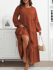 Vionelle 大码女式春夏纯色圆领灯笼袖荷叶边下摆宽松休闲连衣裙长款女装 - 橘色 - 查看 8