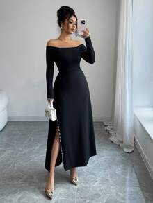 Lyxana Women's 2025 Autumn/Winter New Elegant Garden Party Pearl Decor Long Sleeve Waist Cinched Maxi Dress - Black - View 3